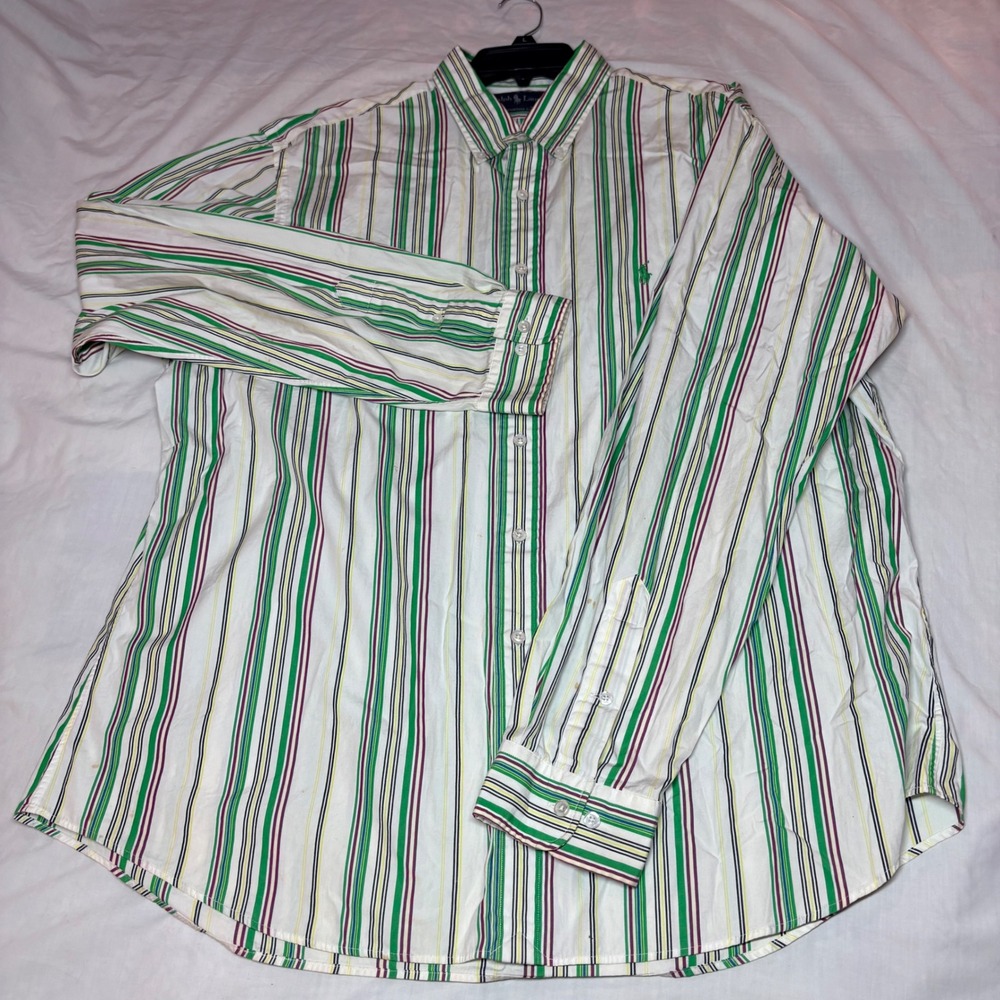 Ralph Lauren Custom Fit Striped Button Down Shirt 18 XXL Green Purple White